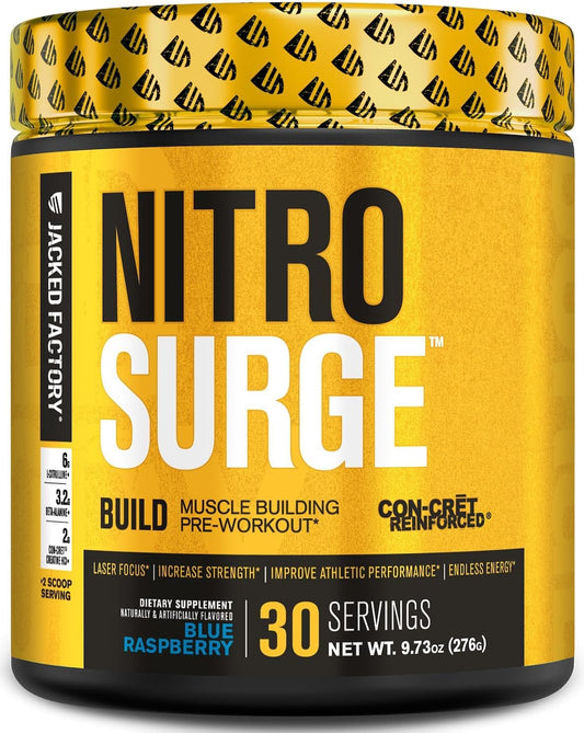 Nitrosurge Build Pre Workout with Creatine & elevATP for Muscle Building - Blue Raspberry, 30 Servings
