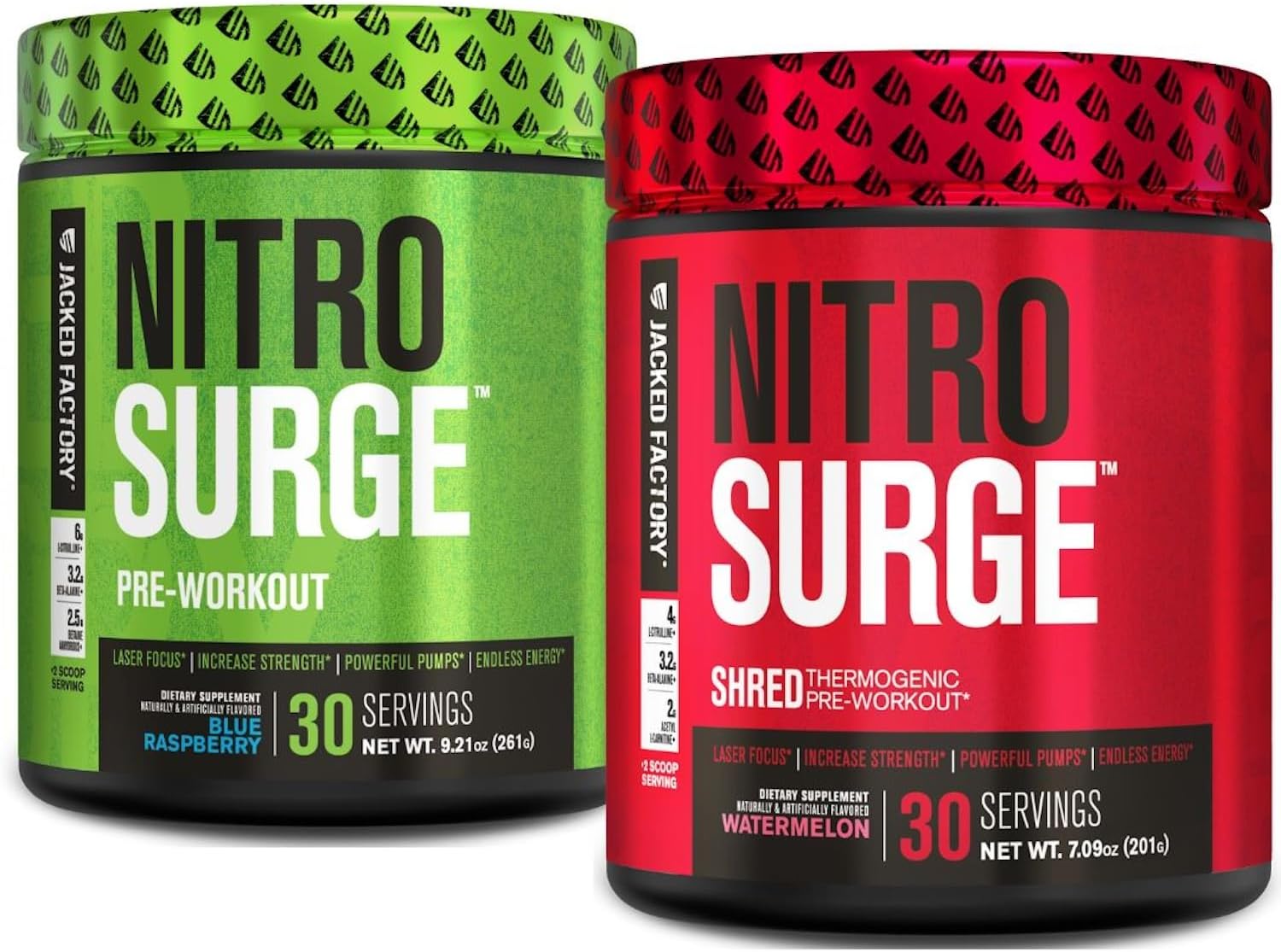 Nitrosurge Pre-Workout in Blue Raspberry & Watermelon Flavor for Men & Women - Thermogenic Shred Formula by Jacked Factory