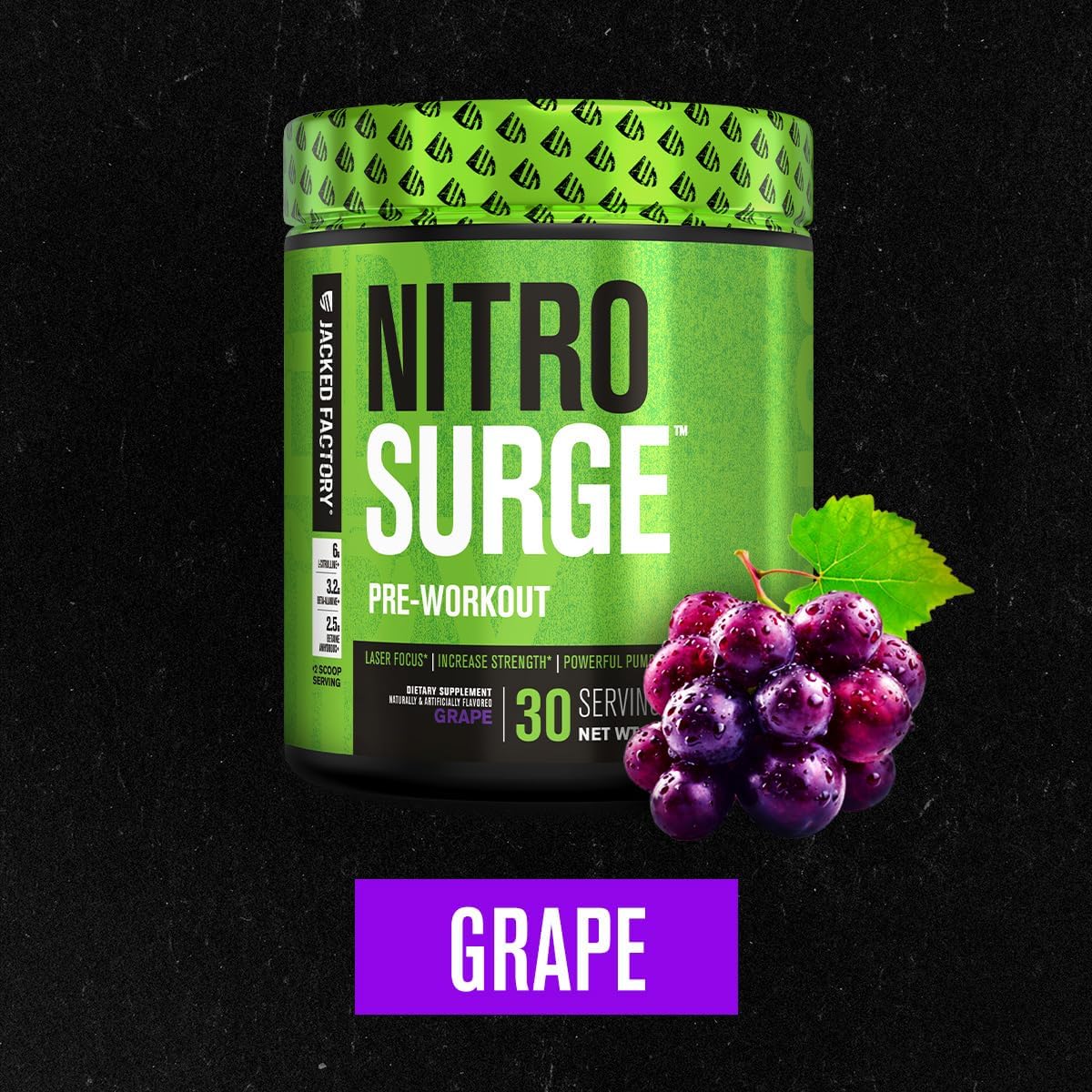 NITROSURGE Pre Workout Supplement - Boost Energy, Increase Strength, Enhance Focus, Maximize Pumps - Nitric Oxide Booster & Preworkout Powder - 30 Servings, Grape Flavor