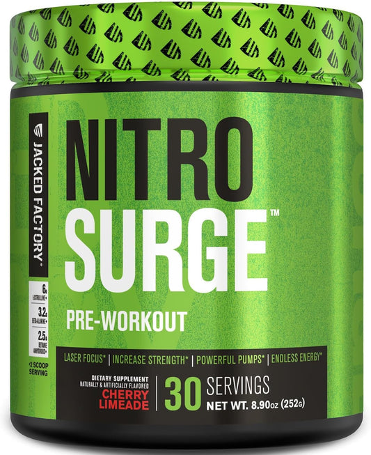 NITROSURGE Pre Workout Supplement by Jacked Factory - Boost Energy, Strength, Focus, and Pumps - Beta Alanine & NO Booster Powder - Cherry Limeade, 30 Servings