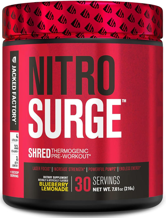 NITROSURGE Shred Pre Workout Supplement - Energy Booster, Strength Gains, Focus, Pumps - Nitric Oxide & PreWorkout Powder - Blueberry Lemonade - 30 Servings