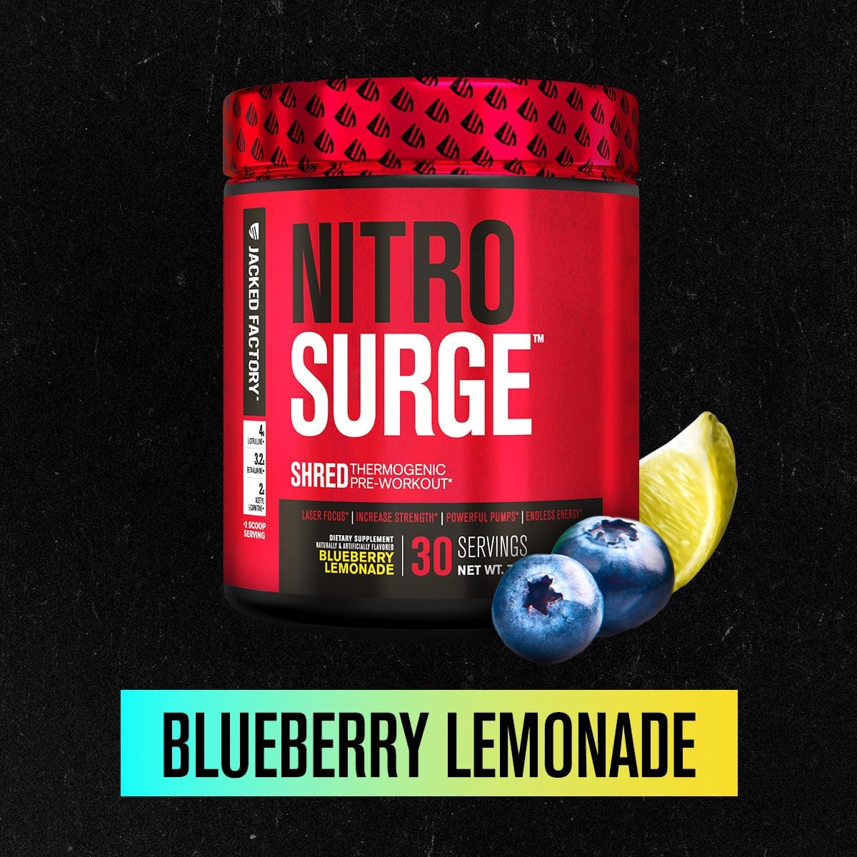 NITROSURGE Shred Pre Workout Supplement - Energy Booster, Strength Gains, Focus, Pumps - Nitric Oxide & PreWorkout Powder - Blueberry Lemonade - 30 Servings