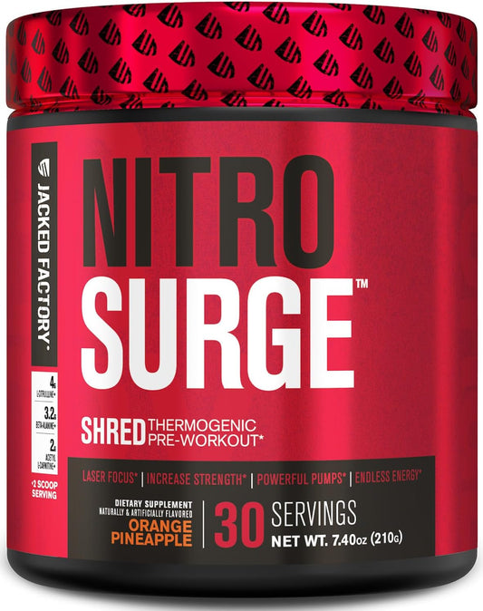 NITROSURGE Shred Pre Workout Supplement by Jacked Factory - Energy Booster, Strength Gains, Focus, Pumps - Nitric Oxide & PreWorkout Powder - 30 Servings, Orange Pineapple Flavor