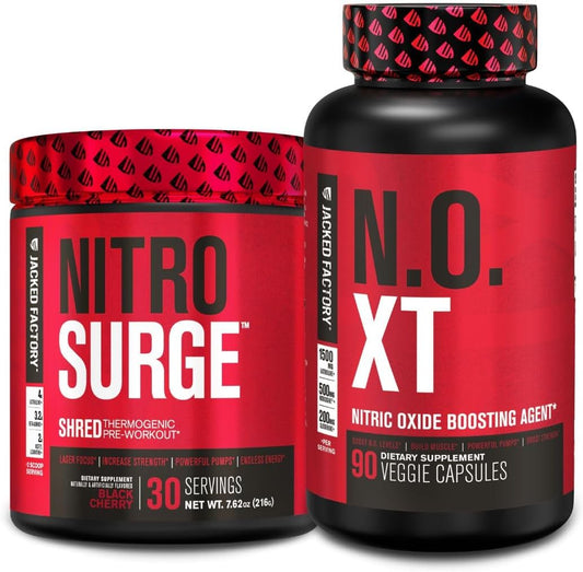 Nitrosurge Shred Thermogenic Pre-Workout & N.O. XT Nitric Oxide Booster Combo - Black Cherry Flavor for Men & Women