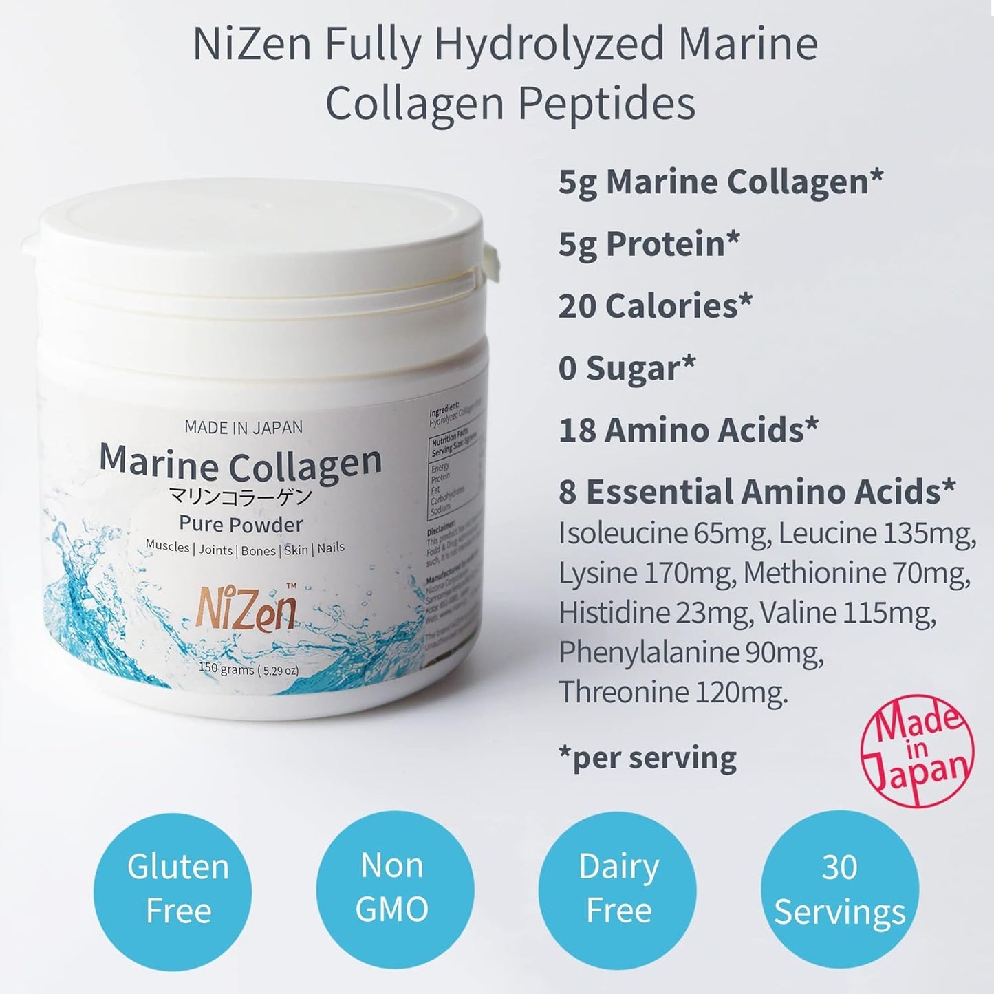 Nizen Marine Collagen Peptides Powder Supplement, Japanese-Made Hydrolyzed Amino Acids, Unflavored 5.29oz