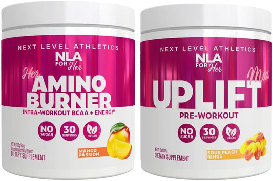 NLA for Her Pre/Intra Workout Stack with Her Thermogenic Amino Mango Passion and Uplift Max Pre Workout Sour Peach Rings