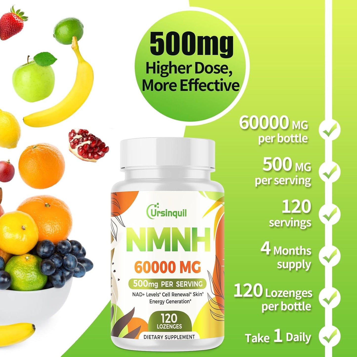 NMNH 500mg Sublingual NAD Supplement for Anti-Aging, Energy, Immunity - 240 Servings