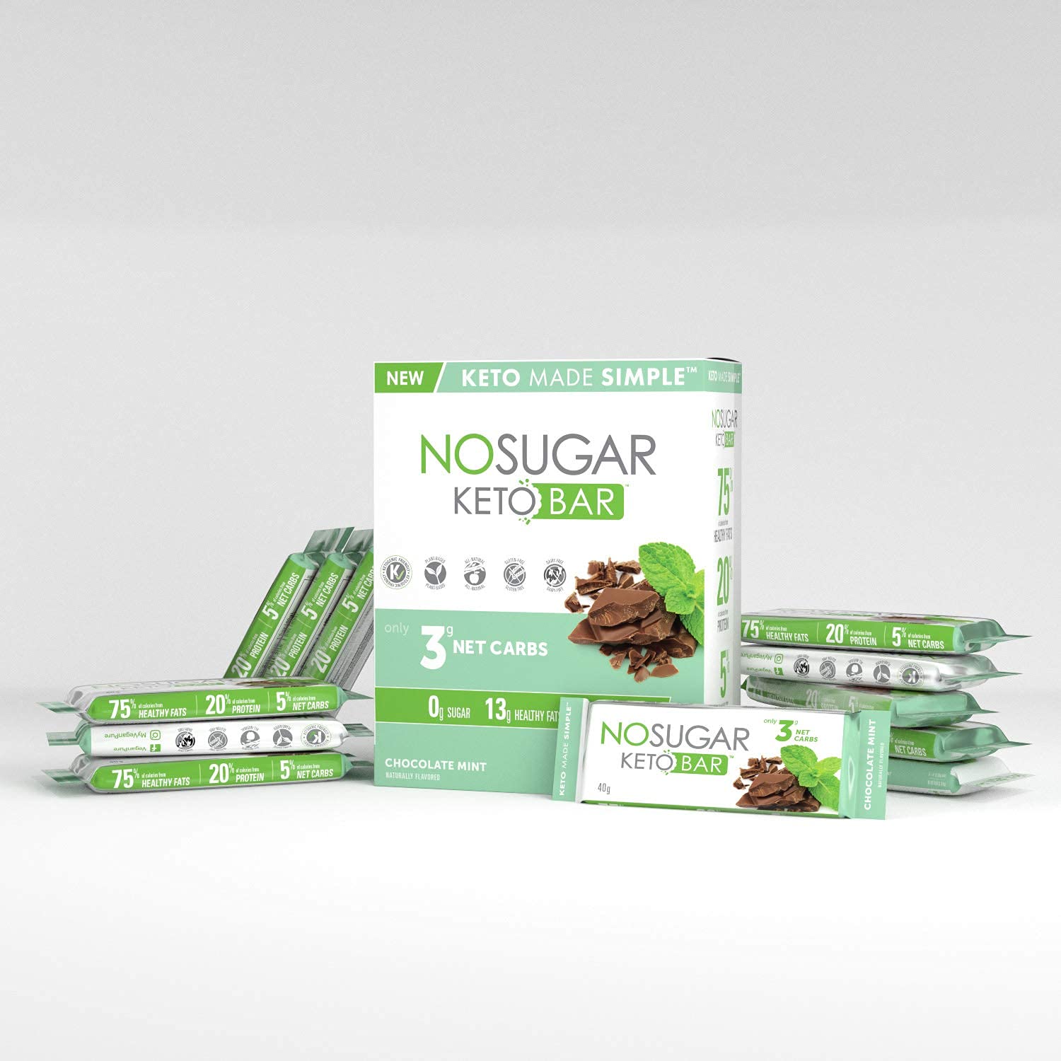 No Sugar Keto Bar Snack - Chocolate Mint Flavor, Low Carb & Keto Friendly (12 Bars, 1.41oz Each)