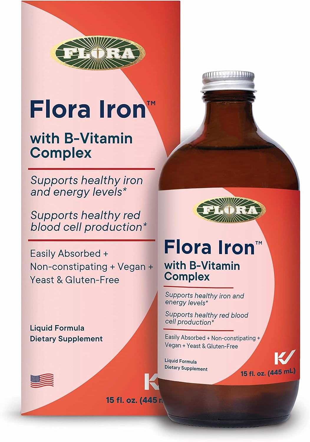 Non-Constipating Flora Iron with B-Vitamin Complex for Healthy Iron Levels - Highly Absorbable Liquid Iron & Vitamin-B - Vegan, Gluten Free - 15oz Bottle