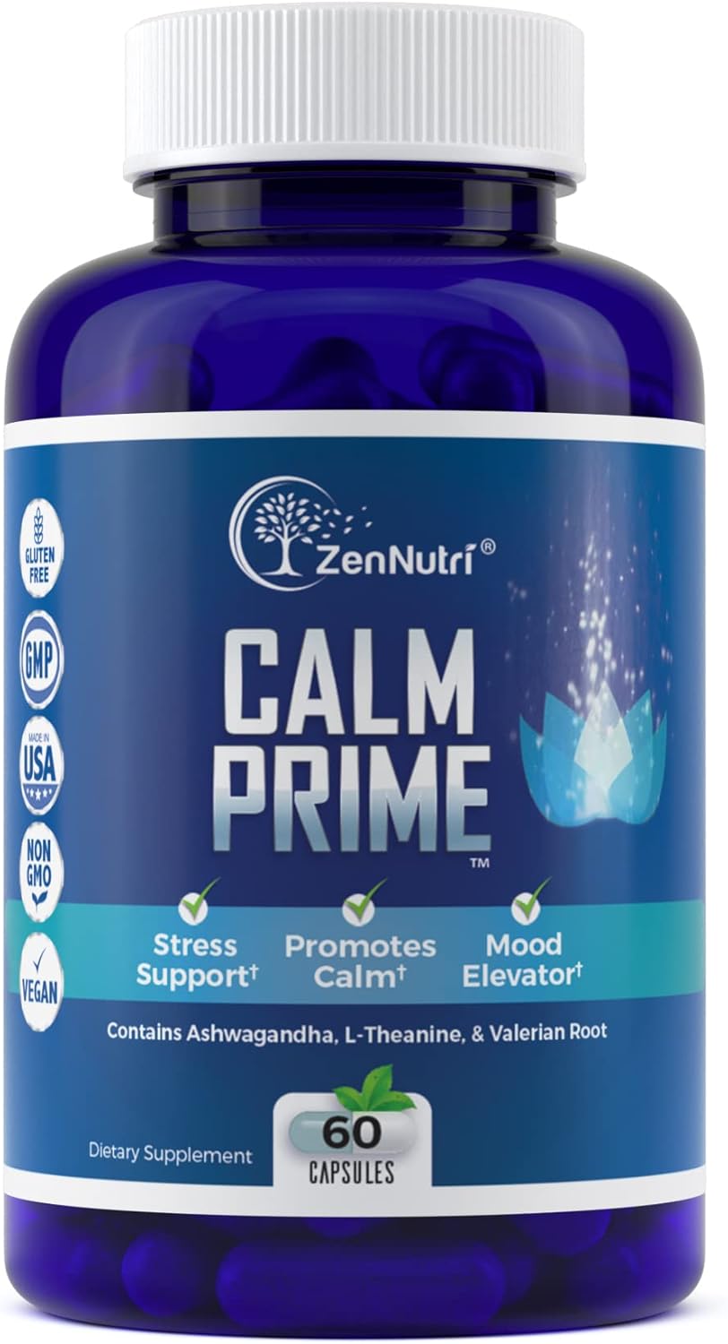 Non-Drowsy Stress Relief Supplement with Ashwagandha & Valerian Root - Vegan Mood Support Vitamins for Daytime - 60 Count