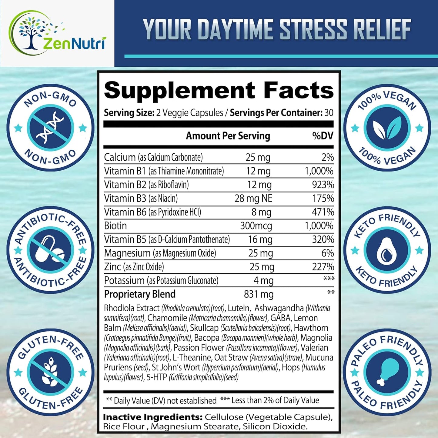 Non-Drowsy Stress Relief Supplement with Ashwagandha & Valerian Root - Vegan Mood Support Vitamins for Daytime - 60 Count