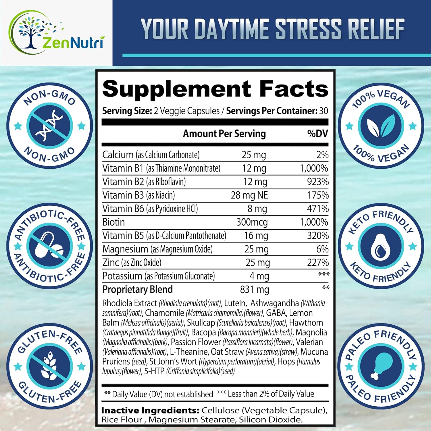 Non-Drowsy Stress Relief Supplement with Ashwagandha & Valerian Root - Vegan Mood Support Vitamins for Daytime - 60 Count