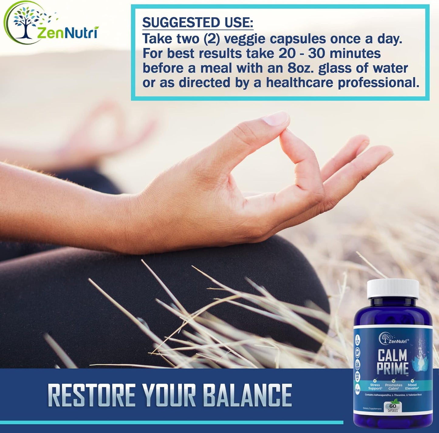 Non-Drowsy Stress Relief Supplement with Ashwagandha & Valerian Root - Vegan Mood Support Vitamins for Daytime - 60 Count