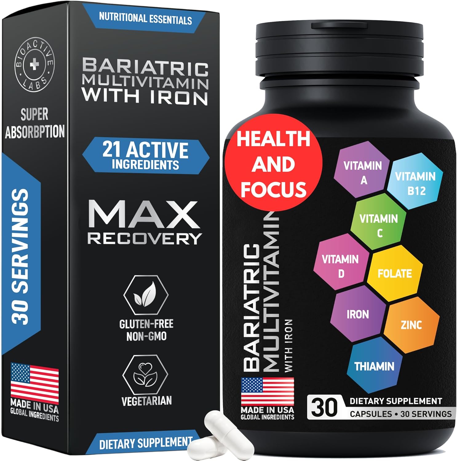 Non-GMO Bariatric Multivitamin with Iron - One a Day Post Gastric Bypass and Sleeve Vitamin for Men & Women - Gluten-Free, 30 Capsules