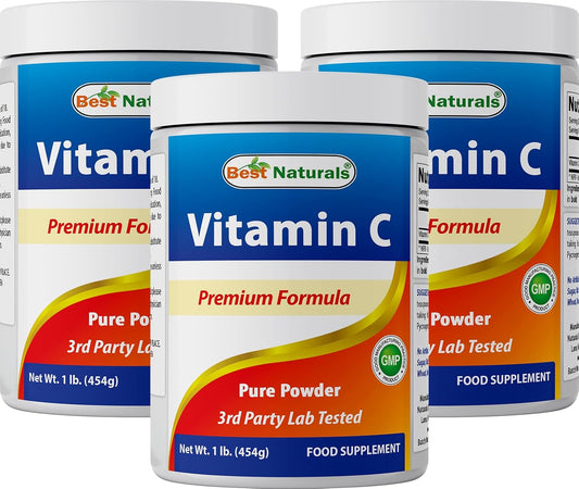 Non-GMO Best Naturals 100% Pure Vitamin C Powder 1 lb (454g) - Pack of 3