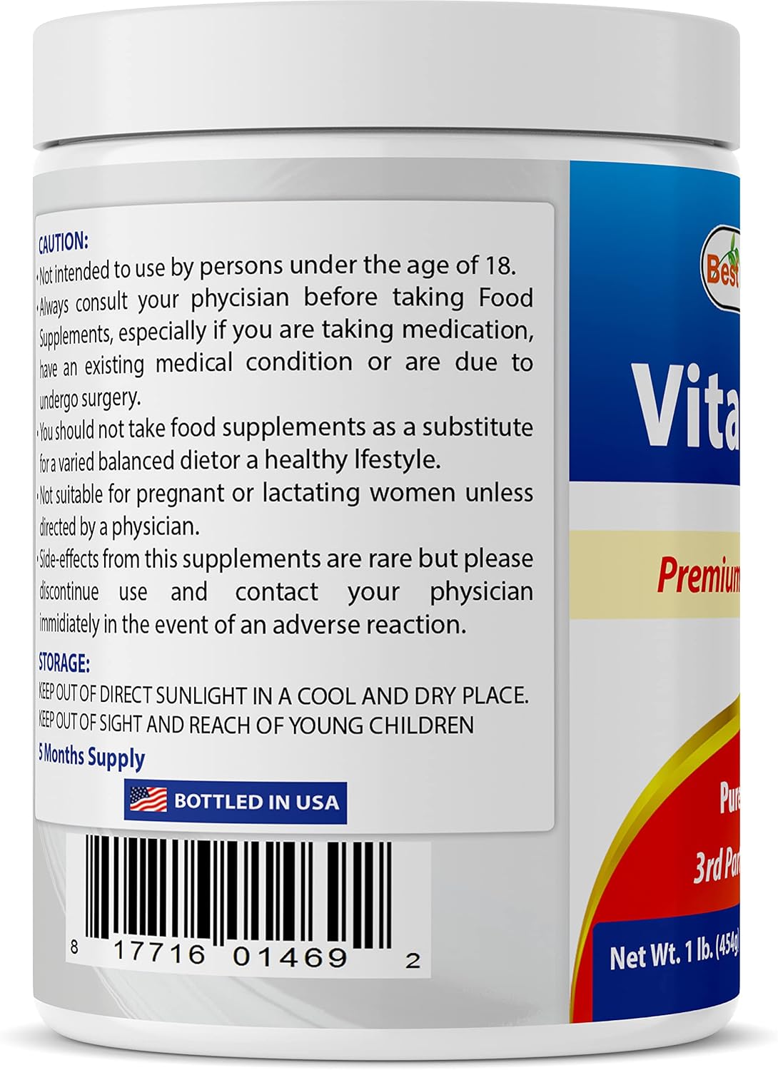 Non-GMO Best Naturals 100% Pure Vitamin C Powder 1 lb (454g) - Pack of 3