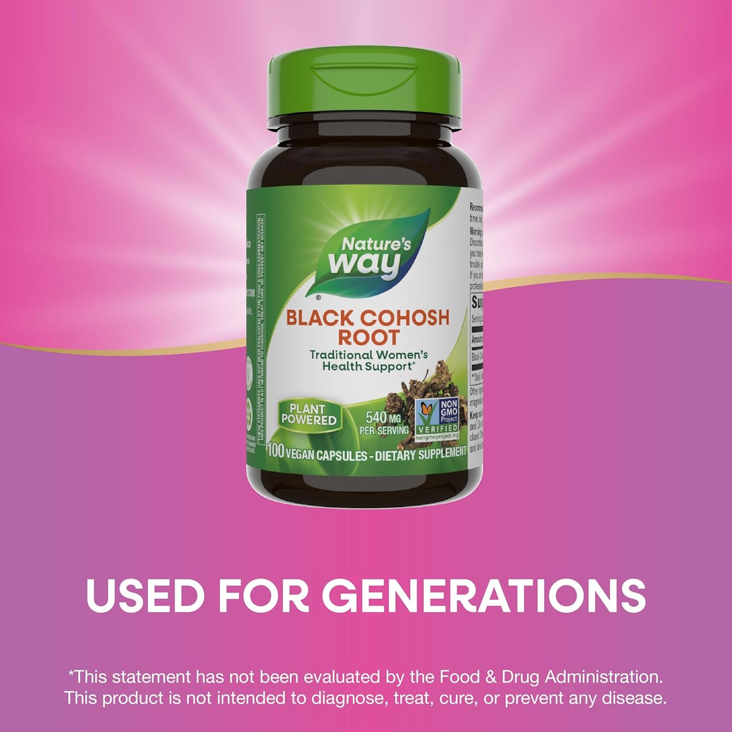 Non-GMO Black Cohosh Root Capsules for Women's Health Support - 540mg per Serving, Vegan, 100 Capsules - Nature's Way
