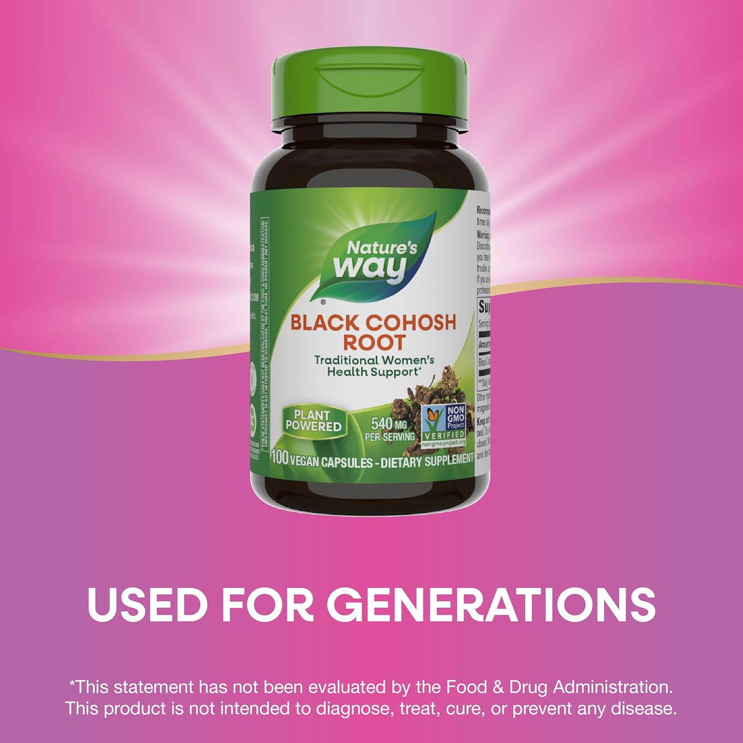 Non-GMO Black Cohosh Root Capsules for Women's Health Support - 540mg per Serving, Vegan, 100 Capsules - Nature's Way