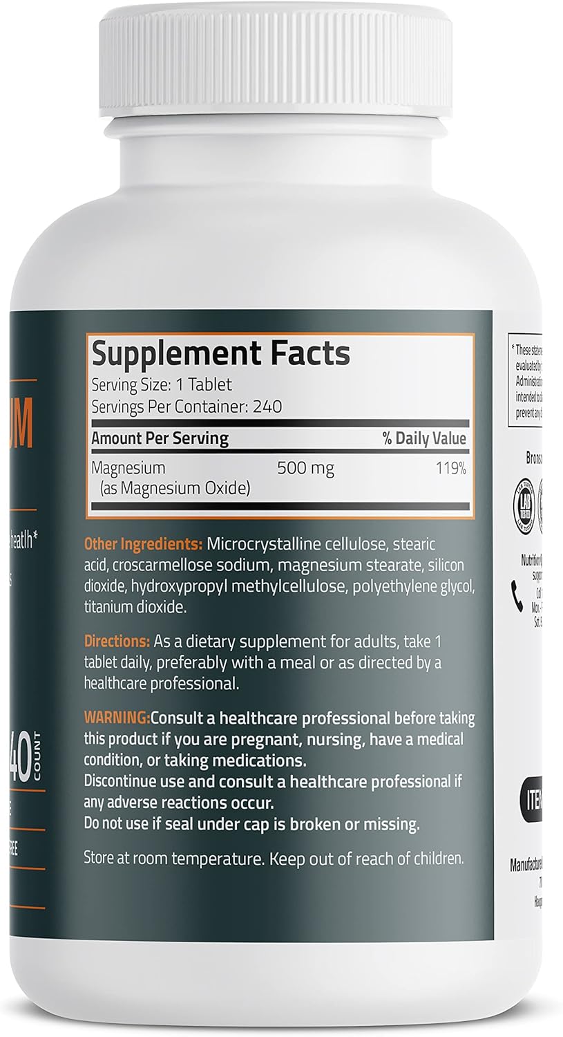Non-GMO Bronson Magnesium 500 MG Tablets for Bone, Muscle, & Nervous System Support - 240 Vegetarian Tablets