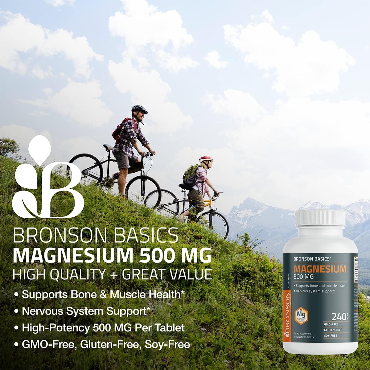 Non-GMO Bronson Magnesium 500 MG Tablets for Bone, Muscle, & Nervous System Support - 240 Vegetarian Tablets