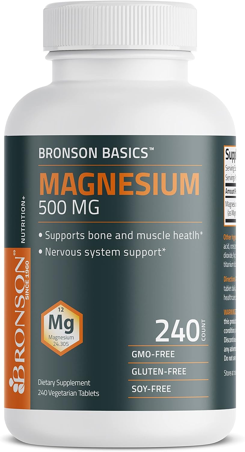 Non-GMO Bronson Magnesium 500 MG Tablets for Bone, Muscle, & Nervous System Support - 240 Vegetarian Tablets