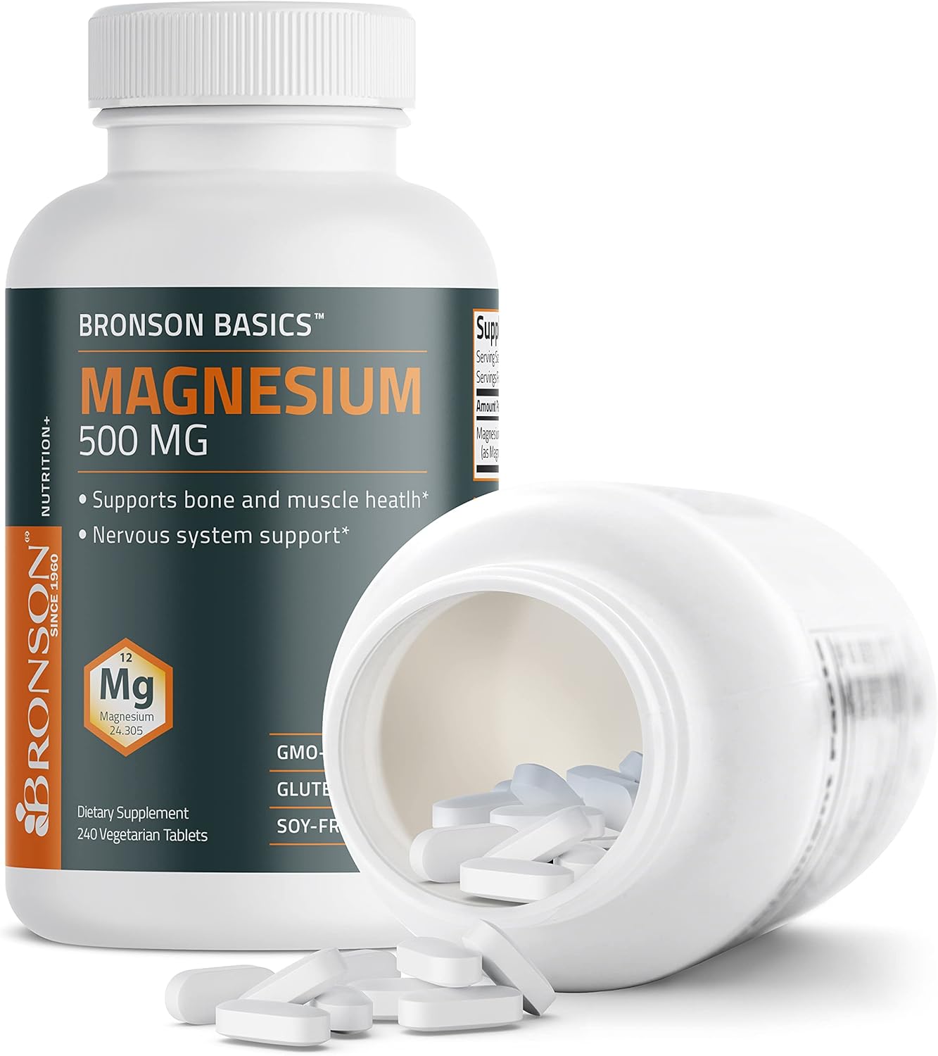 Non-GMO Bronson Magnesium 500 MG Tablets for Bone, Muscle, & Nervous System Support - 240 Vegetarian Tablets