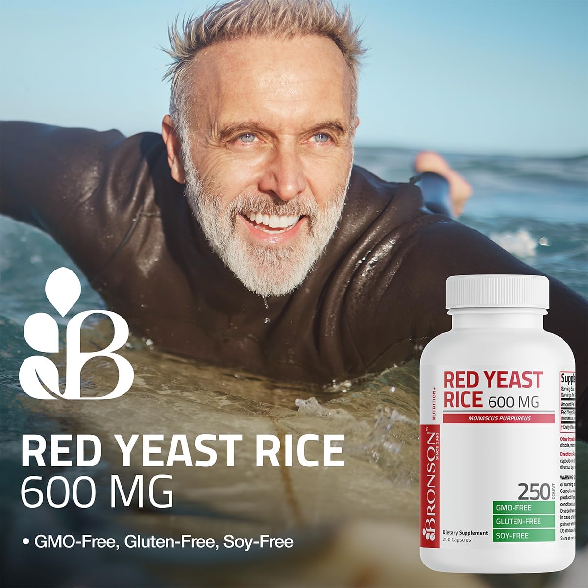 Non-GMO Bronson Red Yeast Rice 600 MG Monascus Purpureus Herbal Health Supplement - 250 Capsules