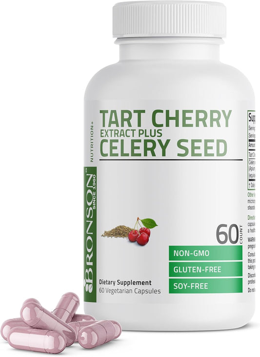 Non-GMO Bronson Tart Cherry Extract & Celery Seed Capsules for Uric Acid Cleanse, Joint Mobility & Muscle Recovery - 60 Capsules