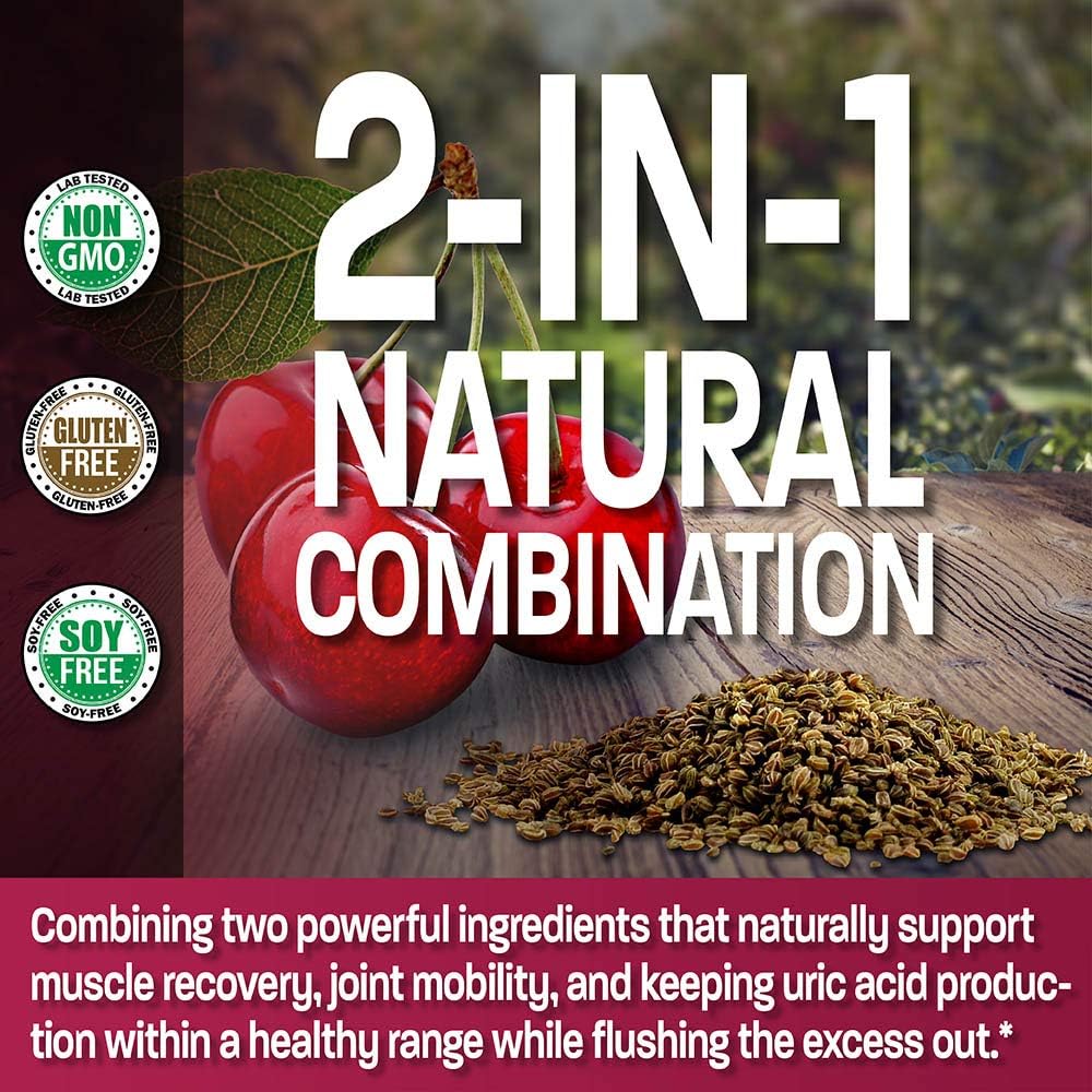 Non-GMO Bronson Tart Cherry Extract & Celery Seed Capsules for Uric Acid Cleanse, Joint Mobility & Muscle Recovery - 60 Capsules