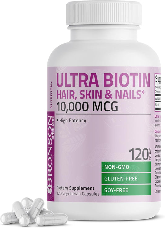 Non-GMO Bronson Ultra Biotin 10,000 Mcg Supplement for Hair Skin and Nails - 120 Vegetarian Capsules