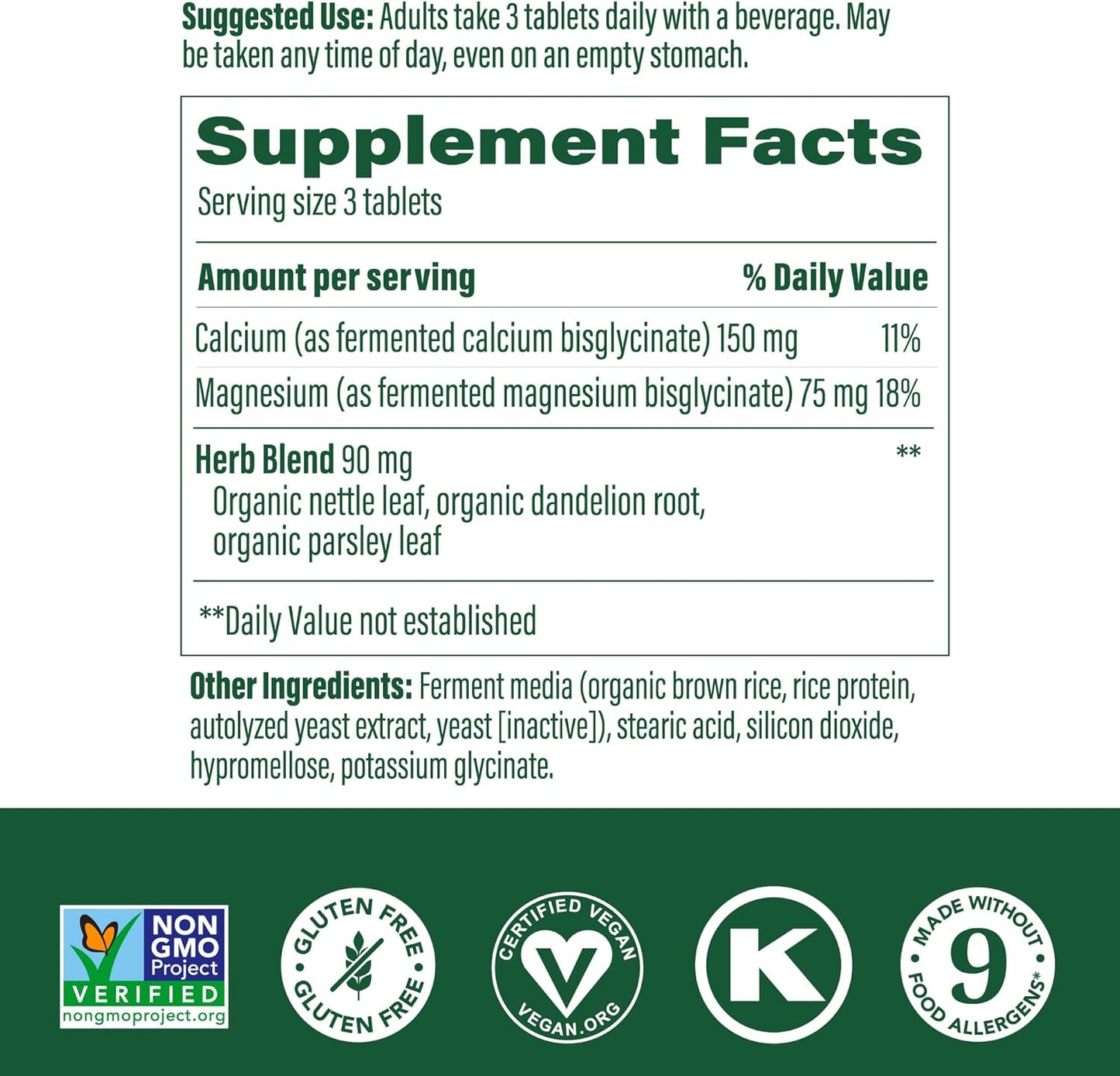 Non-GMO Calcium Magnesium Supplement for Bone & Heart Health - 90 Tabs - Fermented Magnesium Glycinate - Men & Women