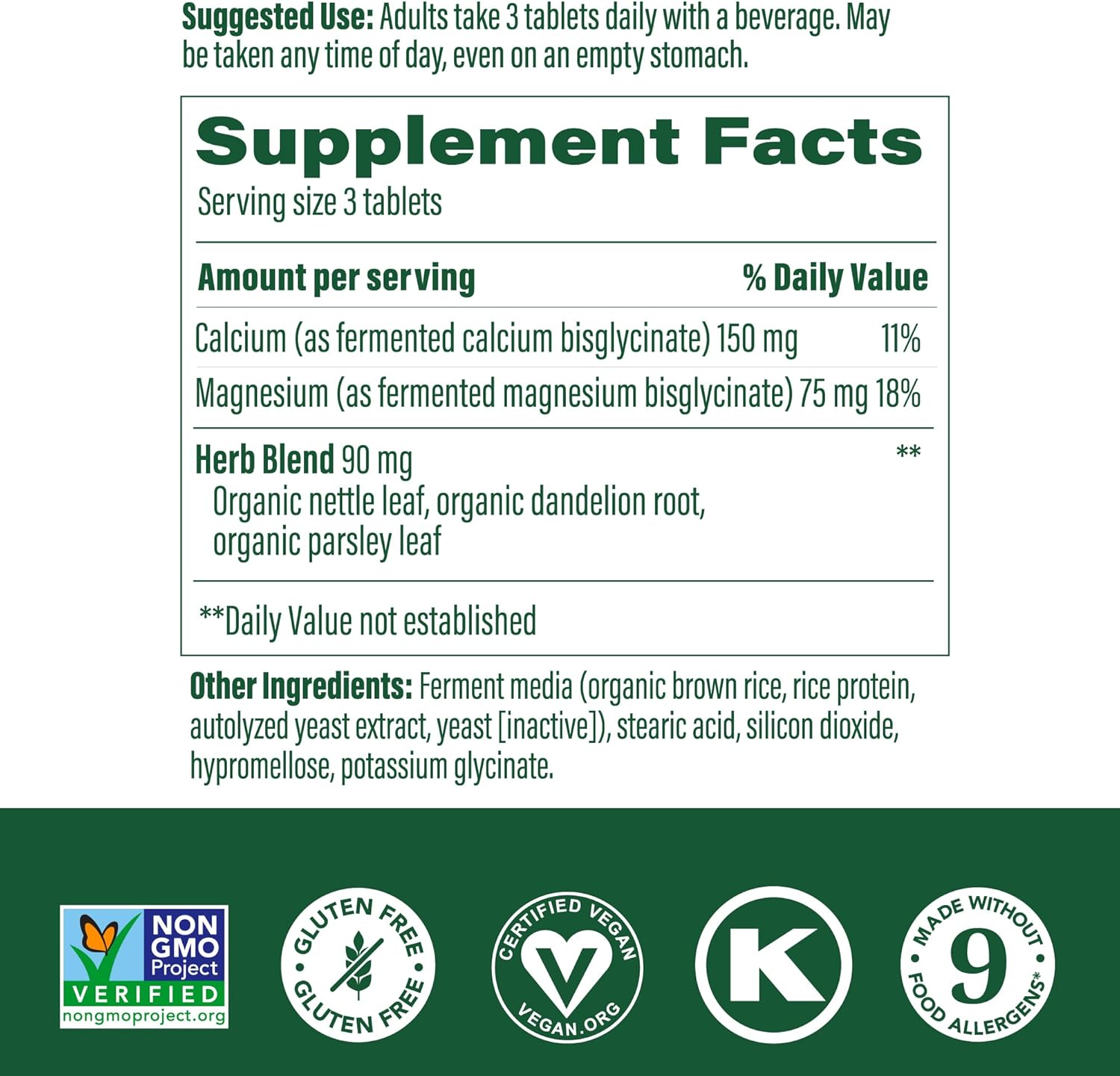 Non-GMO Calcium Magnesium Supplement for Bone & Heart Health - 90 Tabs - Fermented Magnesium Glycinate - Men & Women
