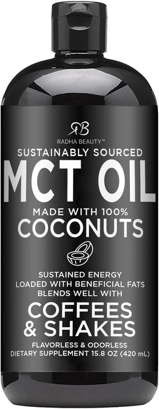 Non-GMO Coconut-Made Radha Beauty Premium MCT Oil - 15.8oz. Keto, Paleo, Gluten-Free, Vegan Approved