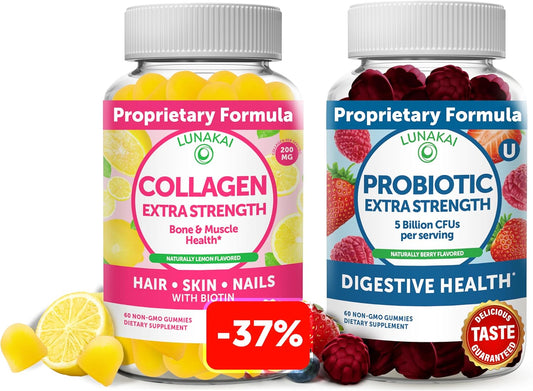 Non-GMO Collagen and Probiotic Gummies Bundle for Anti-Aging, Hair Growth, Skin Care, and Digestive Health - Gluten Free - 30 Days Supply