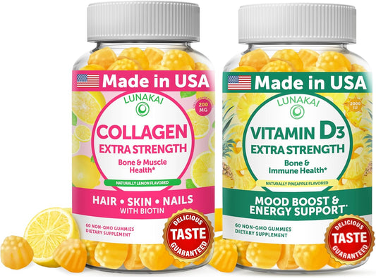Non-GMO Collagen and Vitamin D3 Gummies Bundle for Men & Women - Anti Aging and Immunity Support - 30 Day Supply