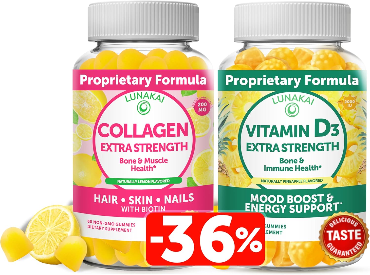 Non-GMO Collagen and Vitamin D3 Gummies Bundle for Immunity, Bones, and Mood - Anti Aging Supplements for Adults - 30 Day Supply