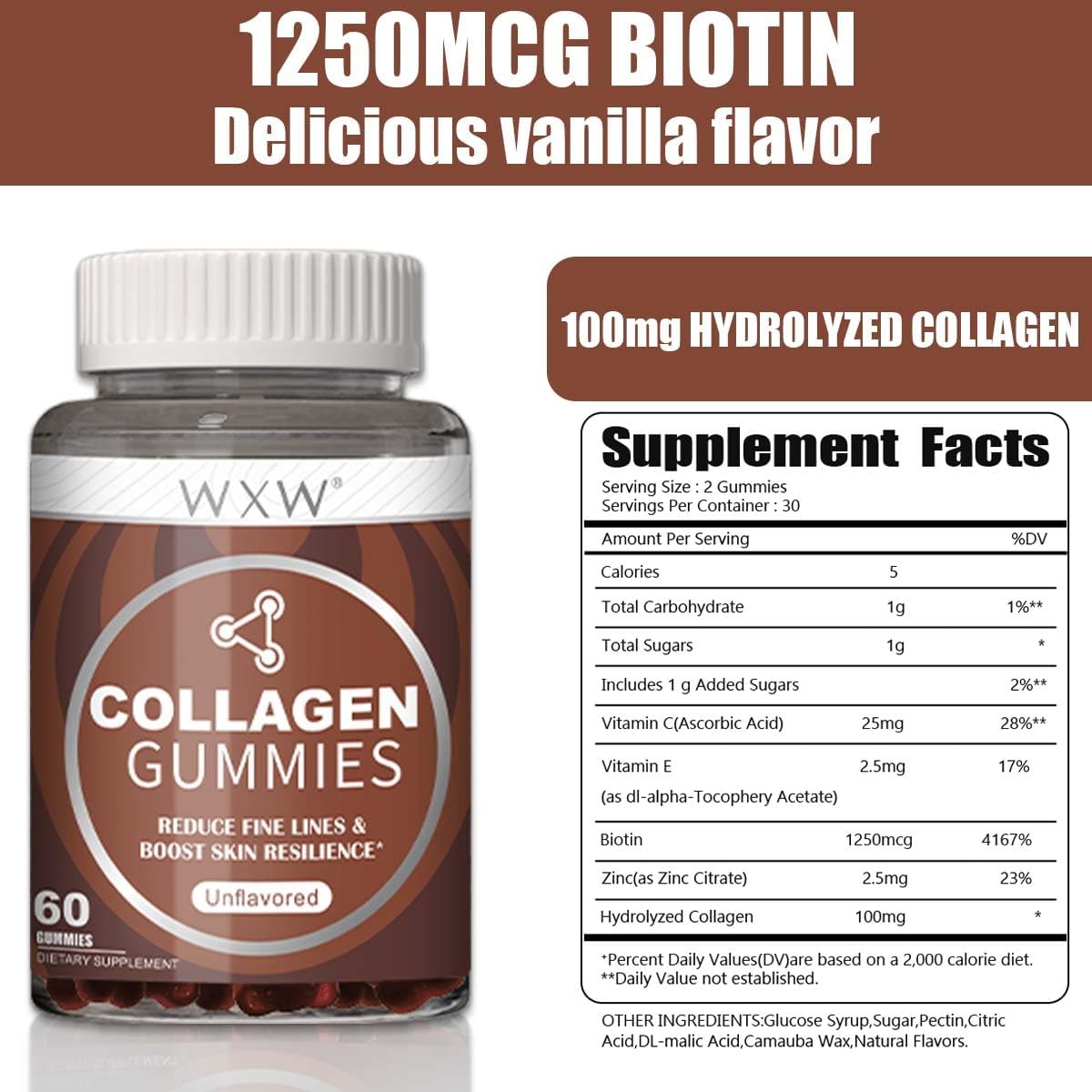 Non-GMO Collagen Peptides Gummies with Biotin, Zinc, Vitamins C & E for Hair, Skin, Nails - 60ct Unflavored Formula