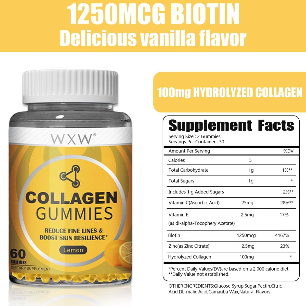 Non-GMO Collagen Peptides Gummies with Biotin, Zinc, Vitamins C & E for Hair, Skin, and Nails - 60ct Lemon Flavor