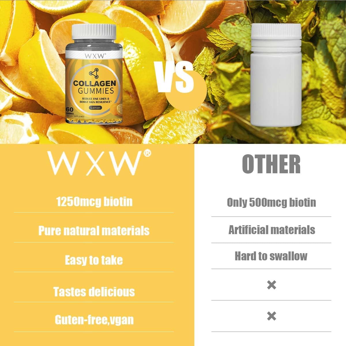 Non-GMO Collagen Peptides Gummies with Biotin, Zinc, Vitamins C & E for Hair, Skin, and Nails - 60ct Lemon Flavor