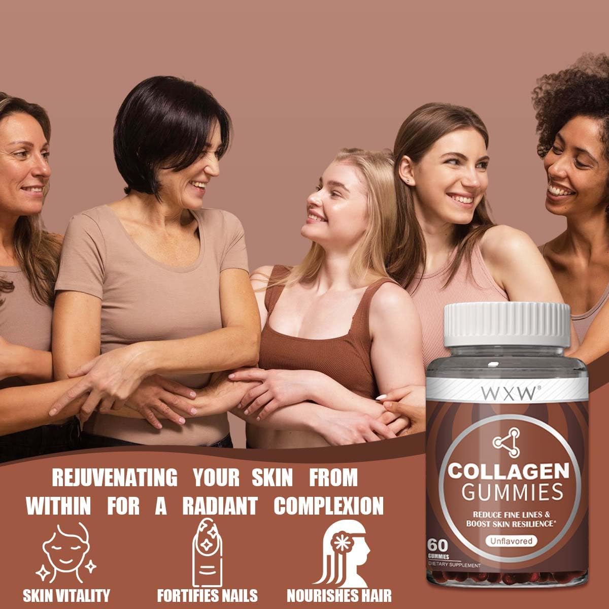 Non-GMO Collagen Peptides Gummies with Biotin, Zinc, Vitamins C & E for Hair, Skin, Nails - 60ct Unflavored Formula