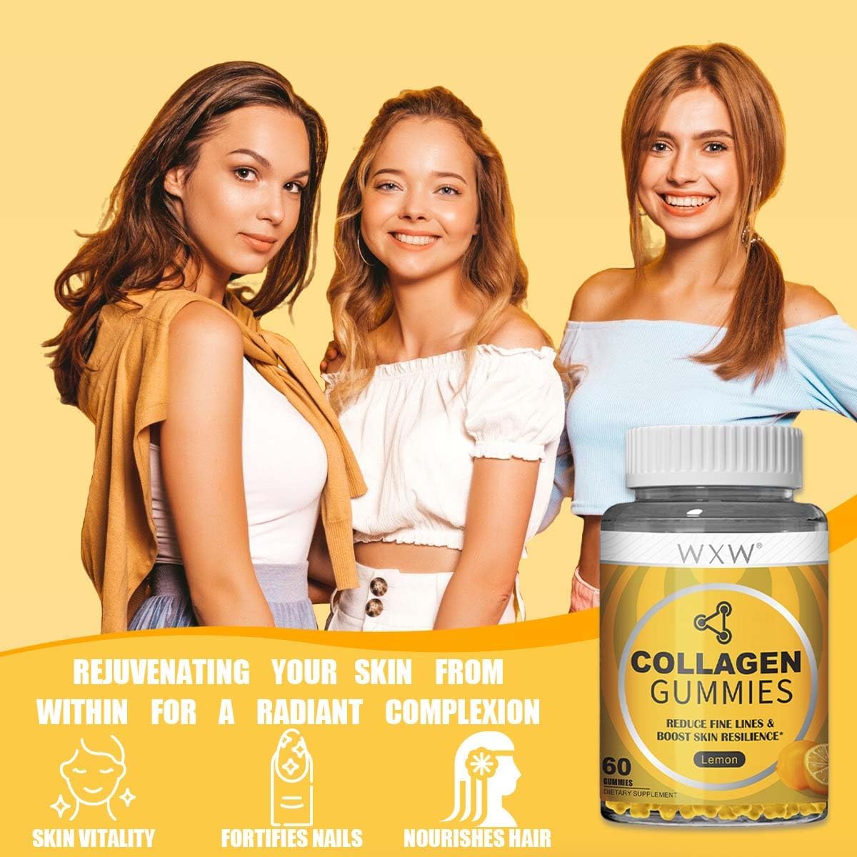 Non-GMO Collagen Peptides Gummies with Biotin, Zinc, Vitamins C & E for Hair, Skin, and Nails - 60ct Lemon Flavor