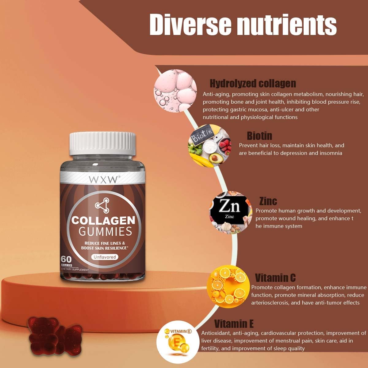 Non-GMO Collagen Peptides Gummies with Biotin, Zinc, Vitamins C & E for Hair, Skin, Nails - 60ct Unflavored Formula
