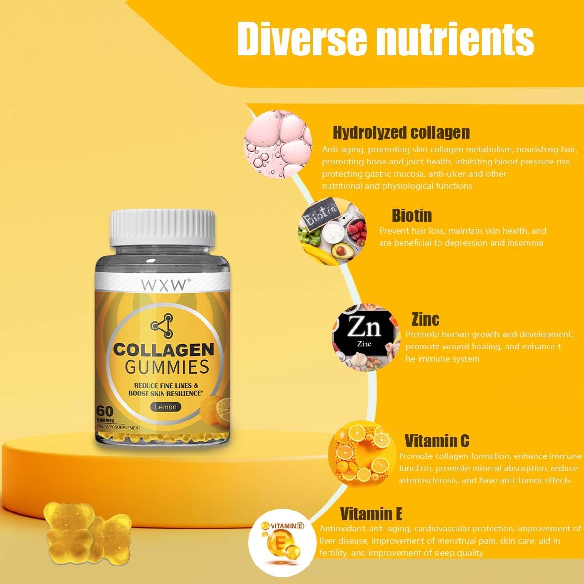 Non-GMO Collagen Peptides Gummies with Biotin, Zinc, Vitamins C & E for Hair, Skin, and Nails - 60ct Lemon Flavor
