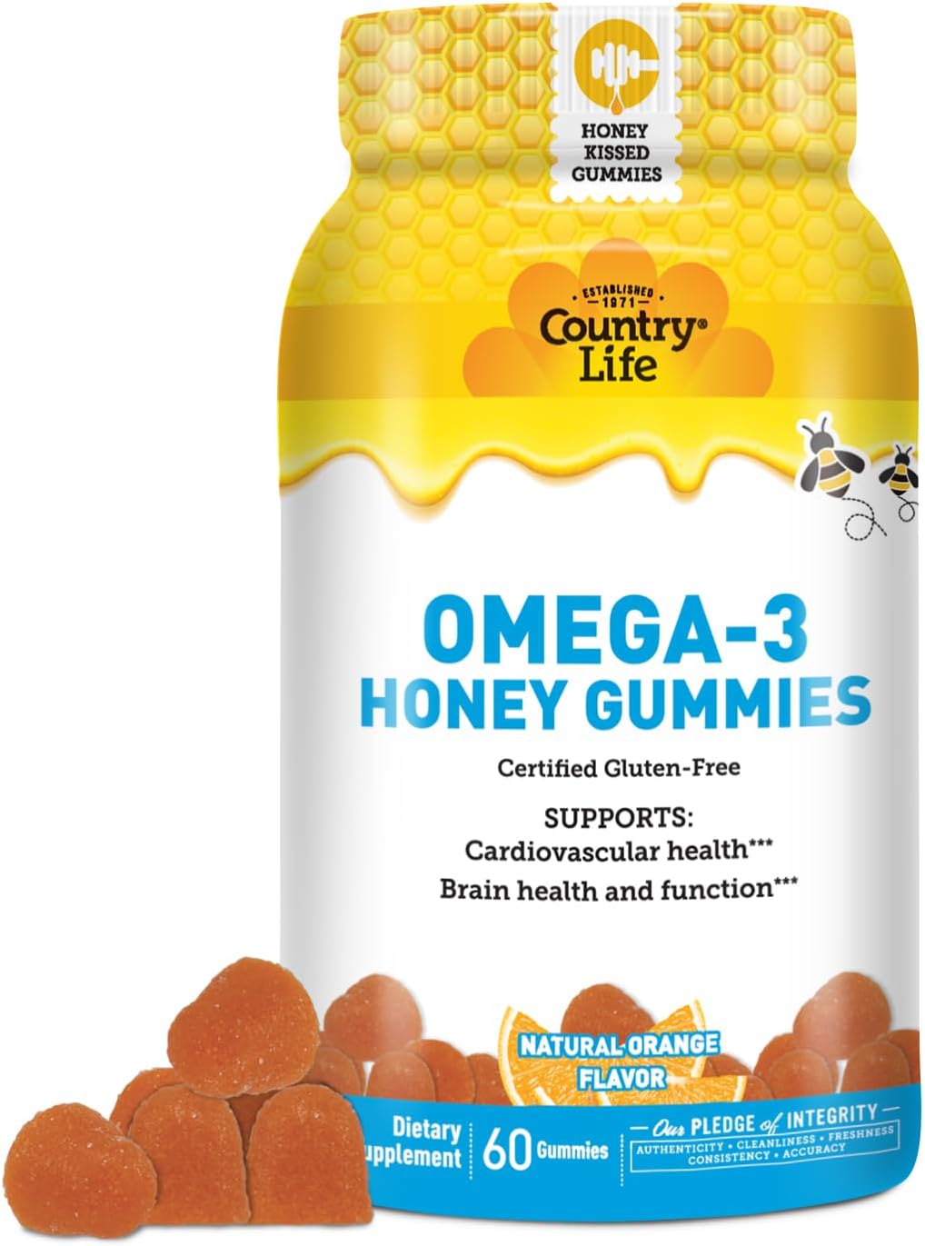 Non-GMO Country Life Omega-3 Honey Gummies - Certified Gluten Free - Promotes Cardiovascular and Brain Health