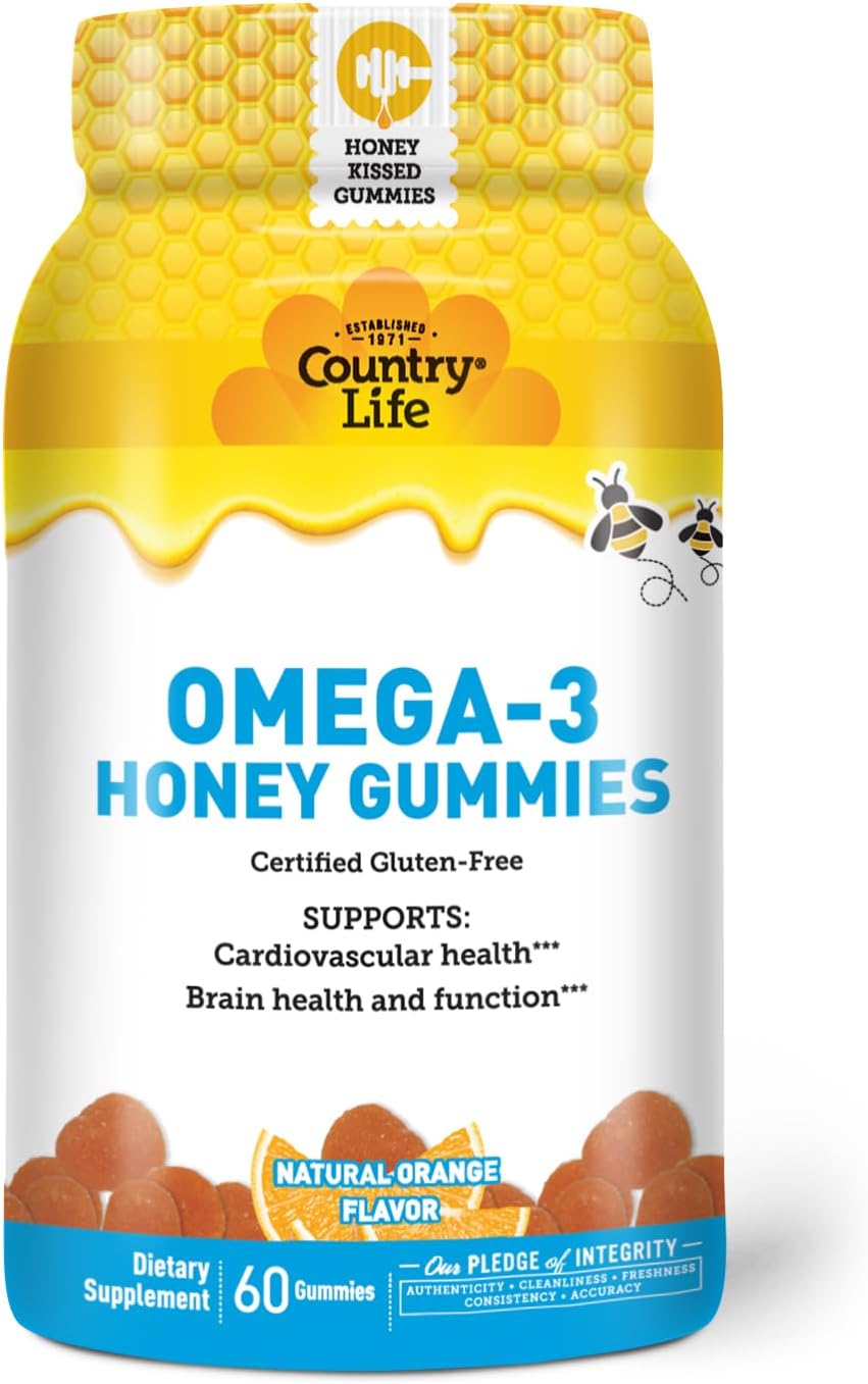 Non-GMO Country Life Omega-3 Honey Gummies - Certified Gluten Free - Promotes Cardiovascular and Brain Health
