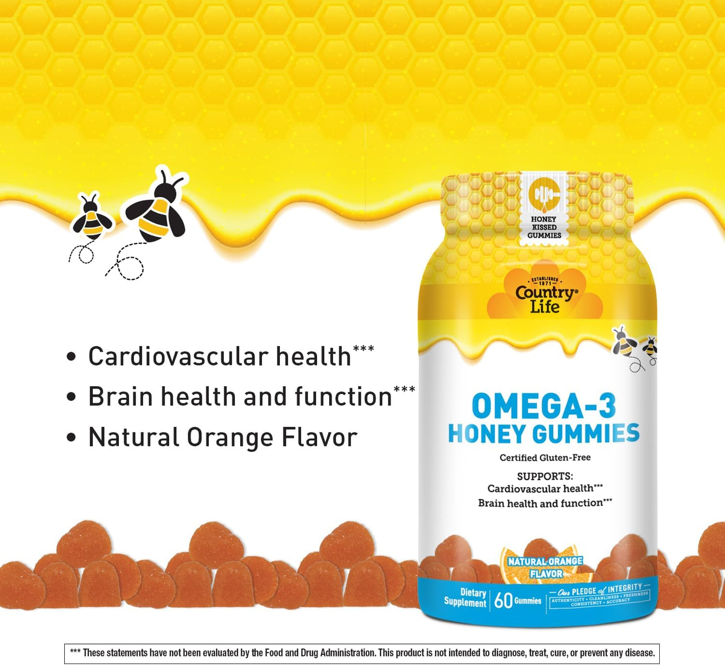 Non-GMO Country Life Omega-3 Honey Gummies - Certified Gluten Free - Promotes Cardiovascular and Brain Health