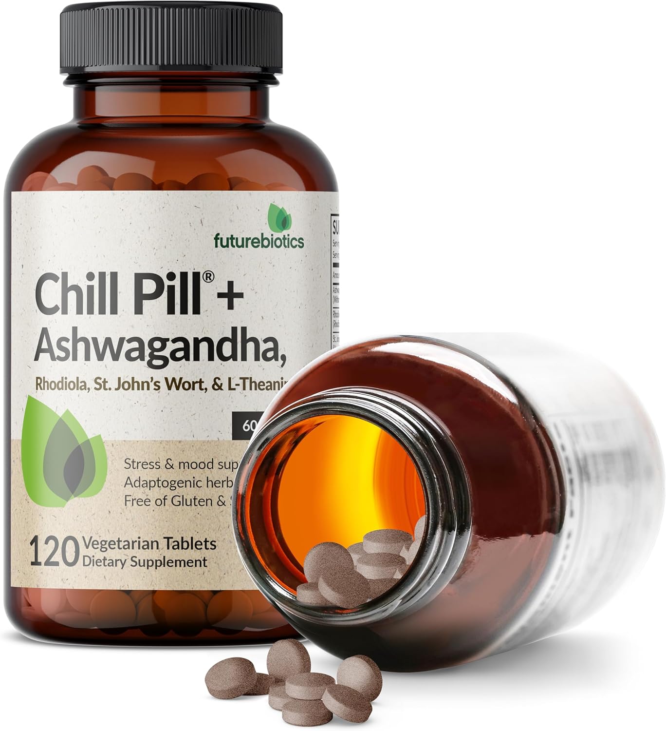 Non-GMO Futurebiotics Chill Pill with Ashwagandha, Rhodiola, St. John’s Wort, & L-Theanine - 120 Vegetarian Tablets