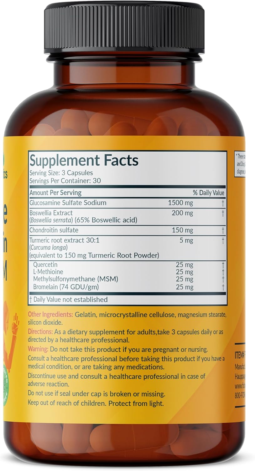 Non-GMO Glucosamine Chondroitin Turmeric & MSM Joint Formula - 90 Capsules, Enhances Joint Health & Mobility