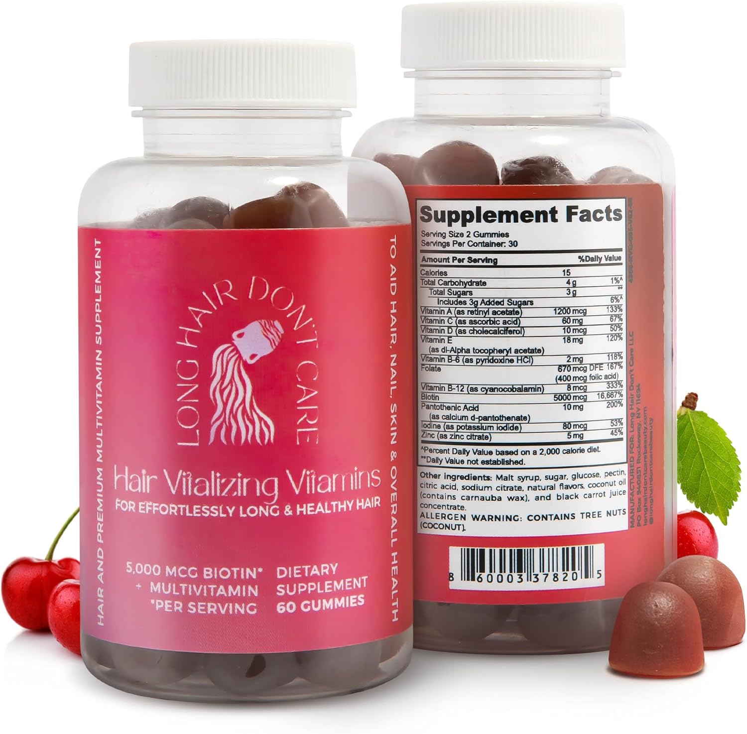 Non-GMO Hair Vitamins for Men and Women - Long Hair Vitalizing Gummies with Pantothenic Acid, Folic Acid, and Biotin - 60 Count