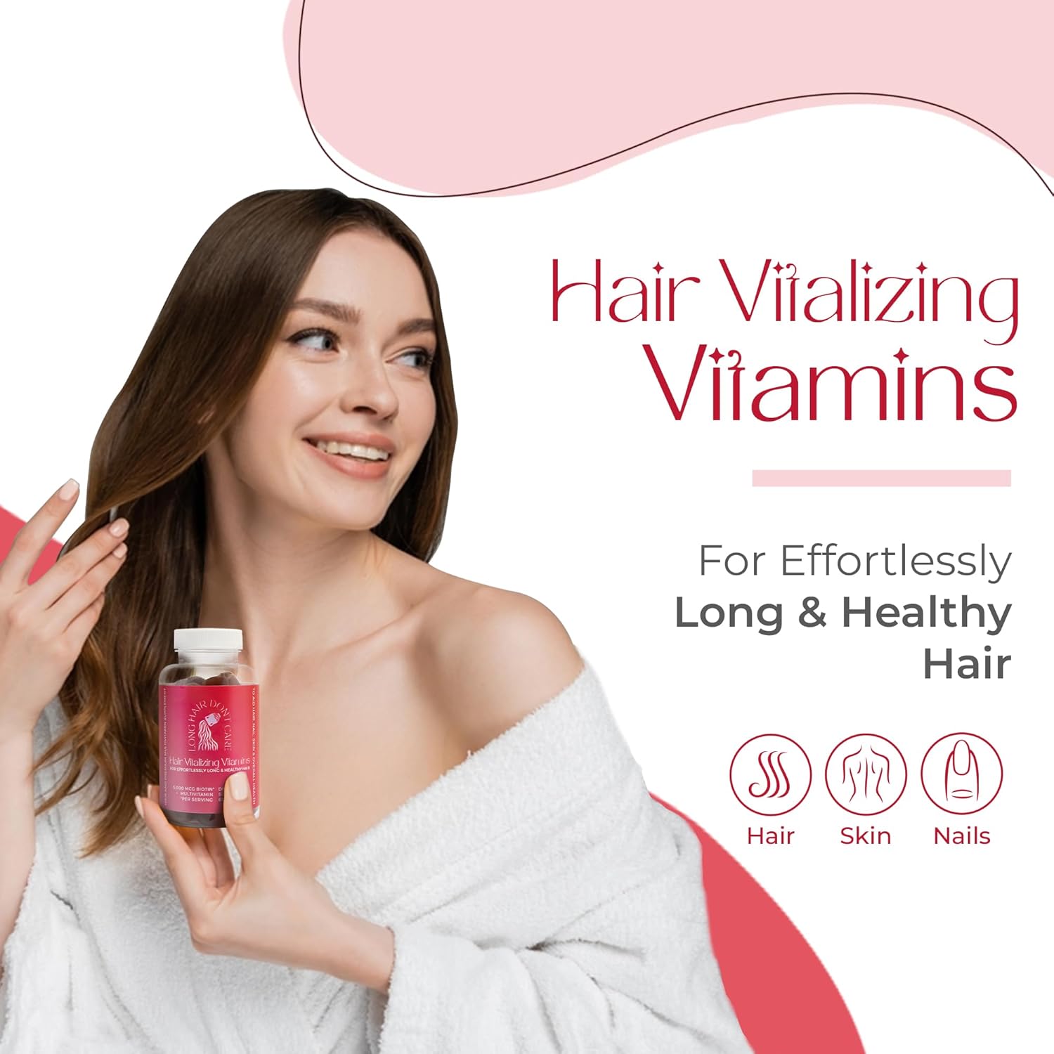 Non-GMO Hair Vitamins for Men and Women - Long Hair Vitalizing Gummies with Pantothenic Acid, Folic Acid, and Biotin - 60 Count